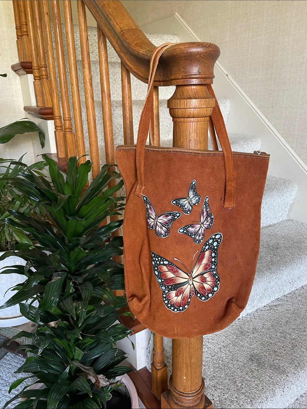 Bohemian Brown Genuine Leather Suede Tote Bag with Hand Painted Butterfly Art